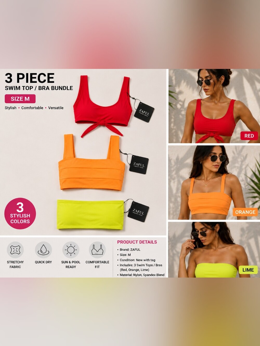 Zaful 3-Pack Bright Swim Tops — Red, Orange, Lime
